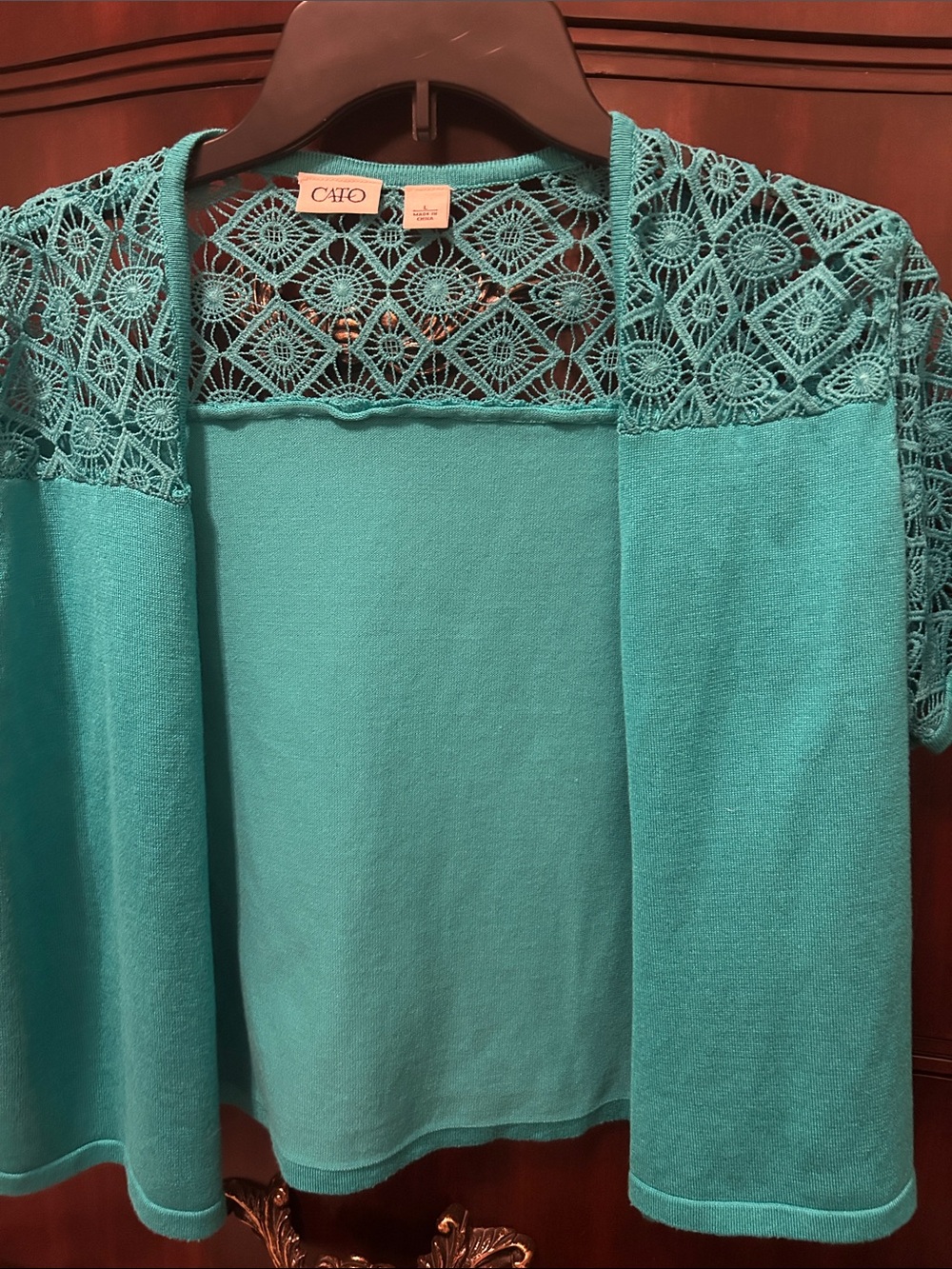Cato Turquoise Open-Front Crochet-Back Cardigan